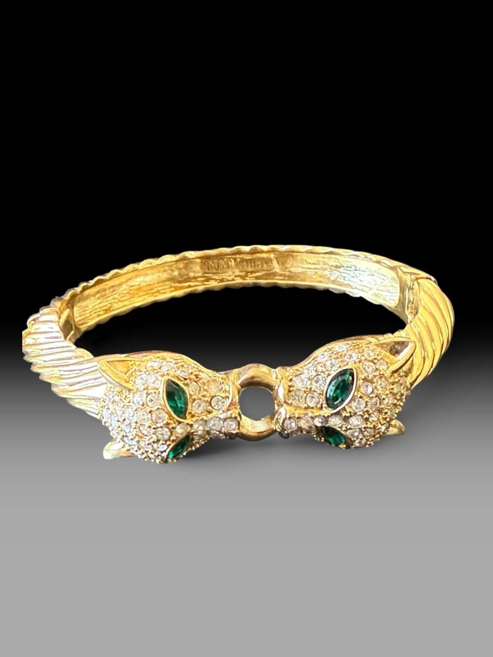 PJM China Gold-Tone Pave Rhinestone Emerald Eye Double Panther Head Hinged Bangl
